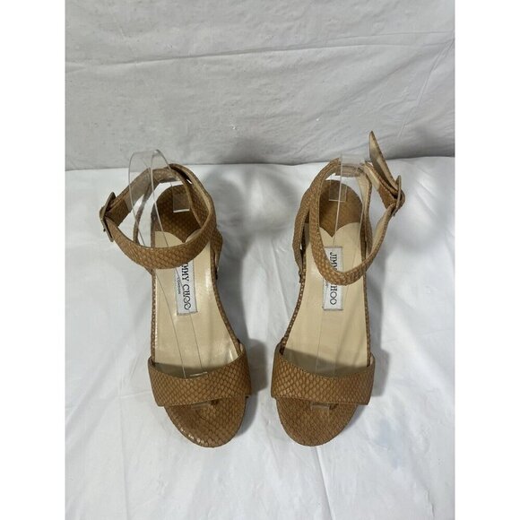 Authentic JIMMY CHOO Leather Snake Embossed Tan and Brown Wood heel size 37 - Picture 2 of 15